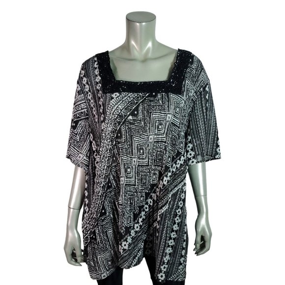 Catherines Tops - Catherines Top Plus Size 3X Petite‎ Accordion Pleat Semi Sheer Stretch Black